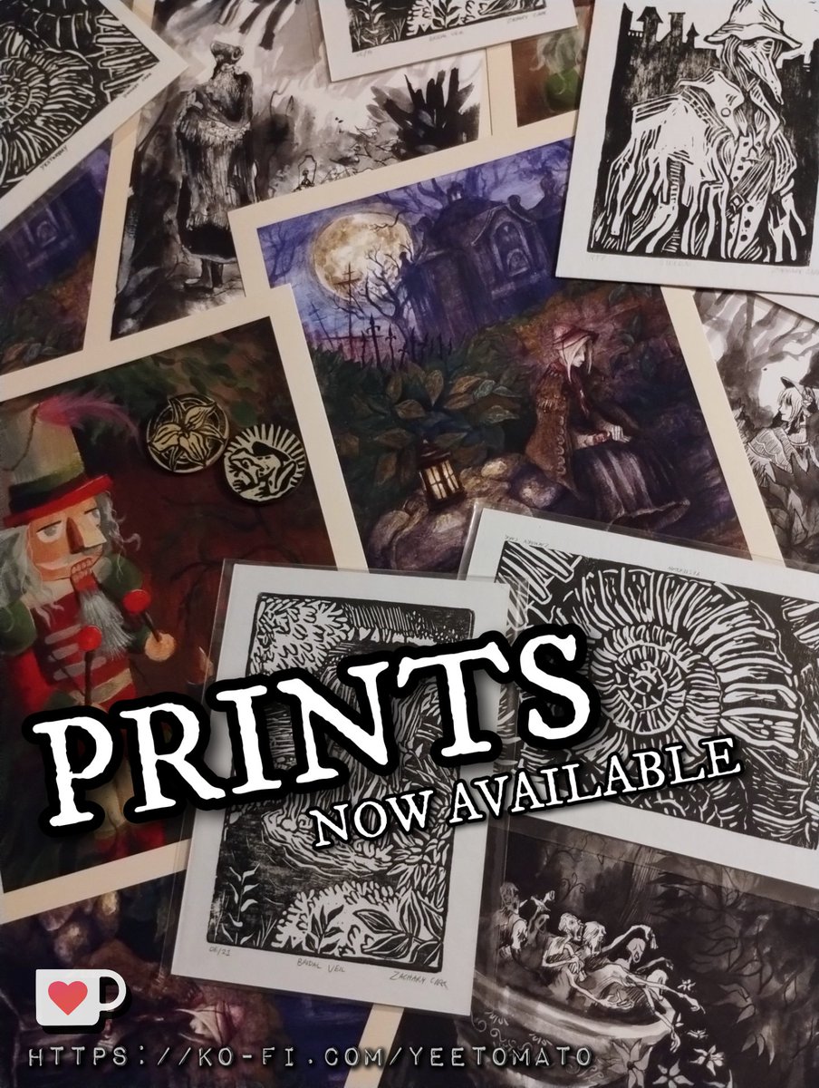 I have some exciting news. 
You can now purchase prints of my art through my ko-fi page, if desired.
I'll even put a fun little wax seal on the envelope, just for you. 
There's also a few linocuts on there!
ko-fi.com/yeetomato
