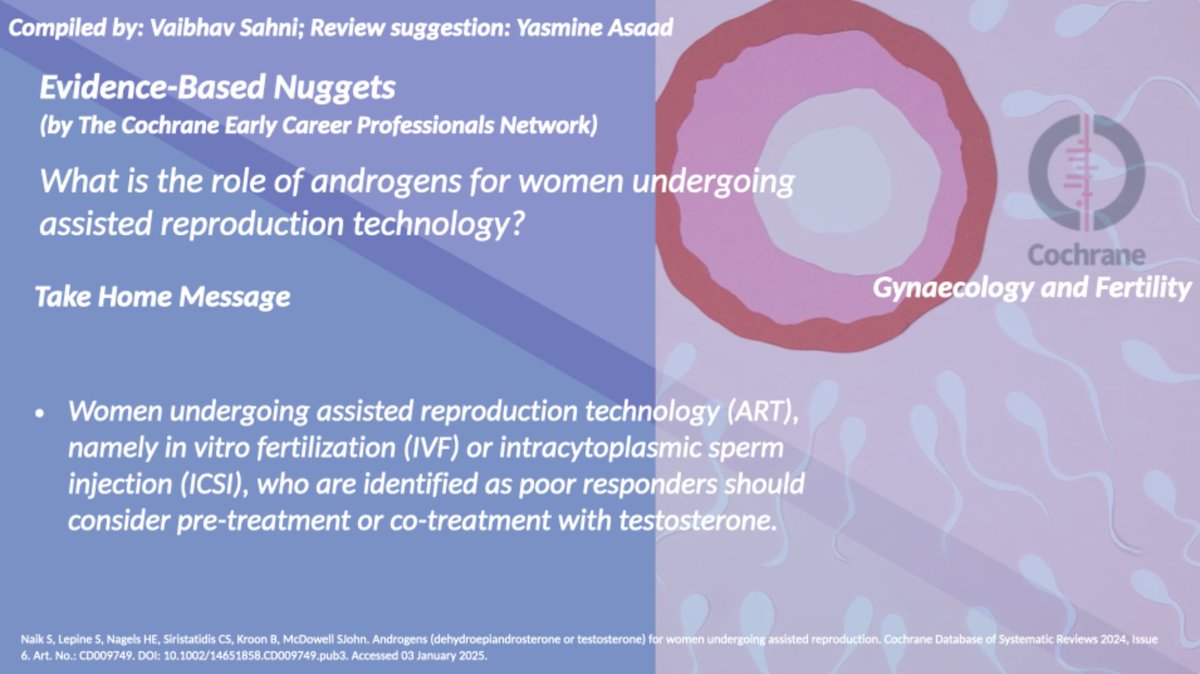 Are androgens (DHEA and T) safe and effective  in infertile women undergoing assisted reproduction?

Our latest #evidencebasednugget compiled by Vaibhav Sahni

Read the full Cochrane review from <a href="/CochraneCGF/">Cochrane Gynaecology & Fertility</a> here: cochranelibrary.com/cdsr/doi/10.10…