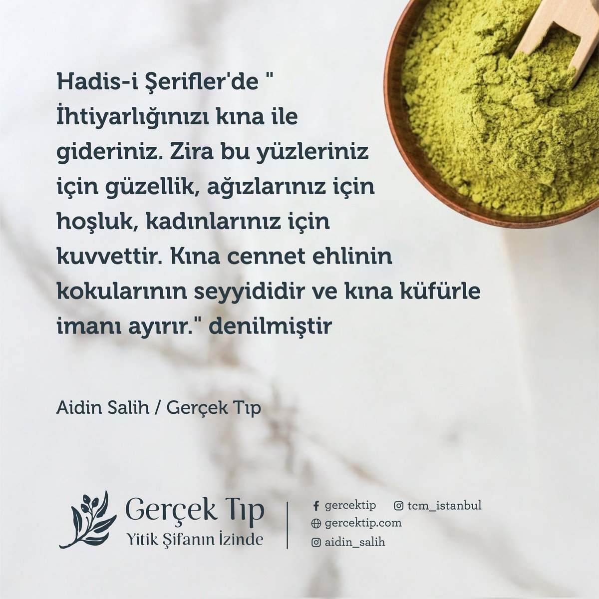 AidinSalih's tweet photo. Kına Cinchone

Kına, ağrıyan ayaklara sarılırsa ağrısını geçirir. Ateşli şişliklere pansuman yapılırsa, şişliği yumuşatıp iltihabı dışarı atar. Kına yağı, sinirleri ve tüm şişlikleri yumuşatır. Tırnak enfeksiyonunda, yanıklarda ve saç bakımında kullanılır.

Aidin Salih/Gerçek Tıp https://t.co/YAjAcXeycx