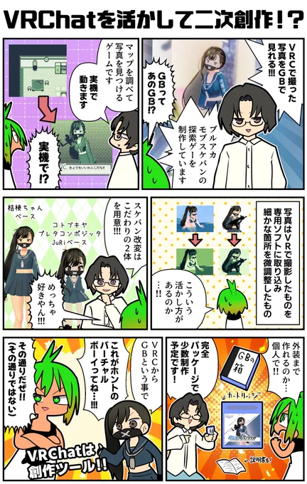 アバターを二次創作改変し、VRChatで写真を撮り、それをゲームに活かす!しかも実機で動かす!という何を言ってるか分からないレベルですごいゲームをやしゃさんが作ってるらしい。やしゃさんはレトロゲームが好きらしく、色々面白い話を聞けた…GB欲しくなったけどレアらしい…!
#VRC漫画 #PR 