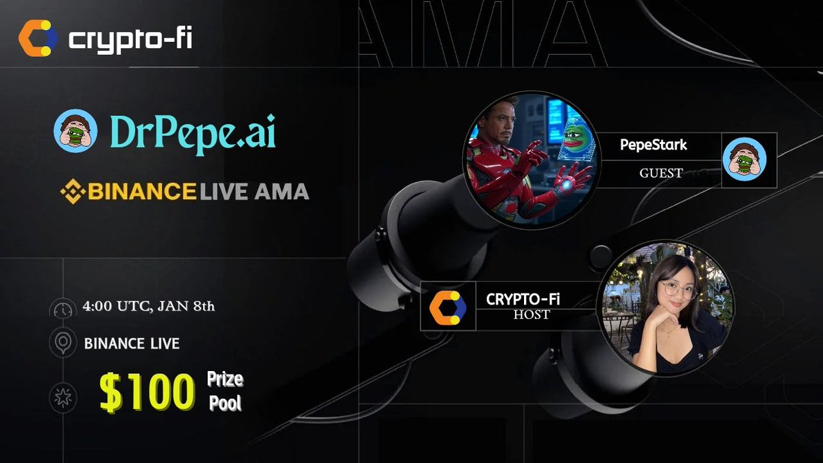 CryptoFi_global's tweet photo. 🥳 We are thrilled to announce that we'll be hosting an #BINANCE_LIVE with #DrPepe.ai 🎉

🎁Prize: $100 USDT
📆Date: 8th January , 4 :00 PM (UTC)

📍Set Reminder: https://t.co/C5d3dM4cvK

‼️ Follow Rules :
✔️Follow @CryptoFi_global & @drpepeai
✔️Join : https://t.co/5Jmr3yOmp0…
✔️Like, RT & Tag 3 Friend !