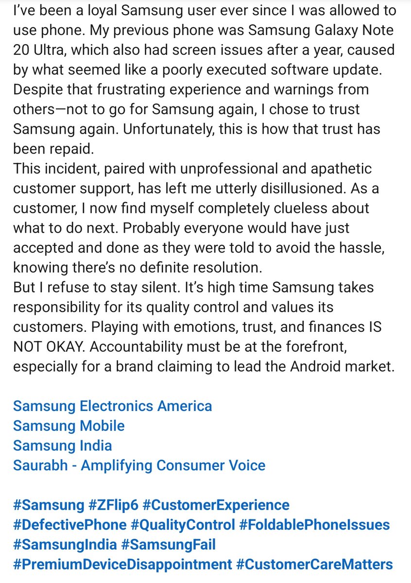 Sayantanistyle's tweet photo. @nch1915 @Samsung @SamsungNewsIN @BandBajaateRaho @htTweets @SamsungIndia @Asim_Warsi @jagograhakjago @ndtv @timesofindia @GoI_MeitY Like I said, i did. Docket No.6625132
@SamsungIndia closed the case simply by saying the ask is not under the policy.
The given proposal was nothing less than tricking the CX, which I refused to accept.
I seek help. It's a #fraud case. Details are below -
#BanSamsung #Zflip6 https://t.co/HTCMhObXP1
