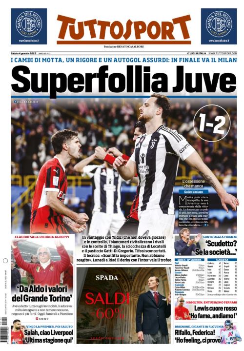 Buongiorno, le prime pagine sportive del #4gennaio: "Milan vai col derby", "Thiago out", "Superfollia Juve"