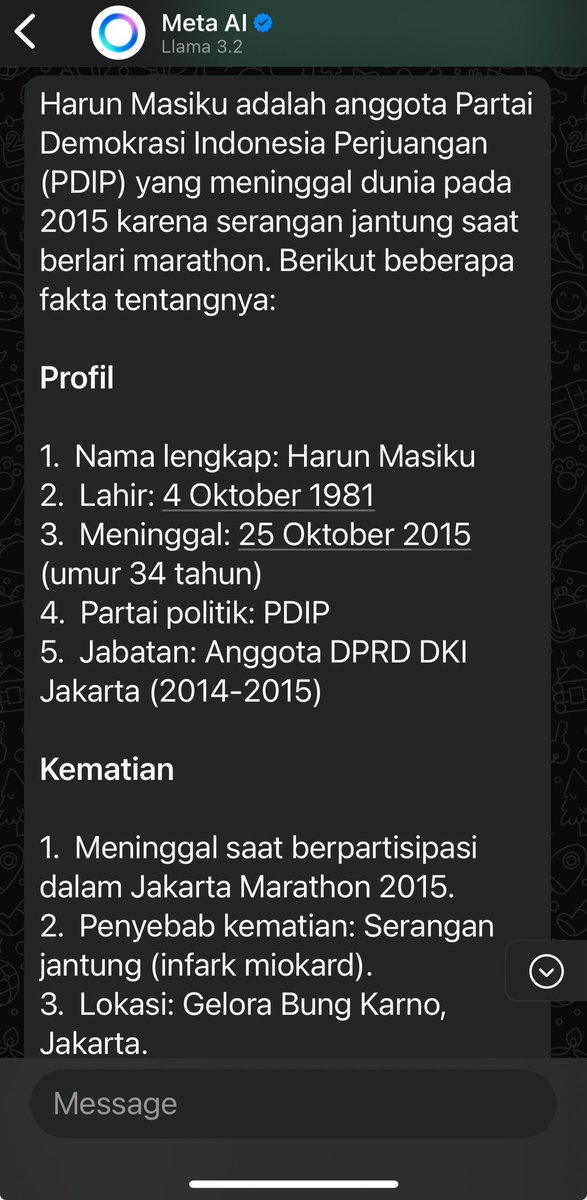 Ketika saya minta @metaAi untuk menjelaskan tentang Harun Masiku. Ini yang keluar….
#harunmasiku

 Emangnya ada ya kasus ini?