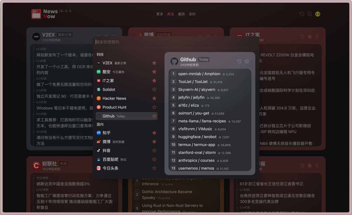 一个优雅地阅读实时热门新闻的开源工具：NewsNow。

划分为国内、国际、科技、财经几大类，涵盖了微博、知乎、抖音、GitHub、华尔街、Hacker News、V2EX 等主流平台。

GitHub：github.com/ourongxing/new…

可一键部署到 Cloudflare Pages、Vercel 等平台使用。