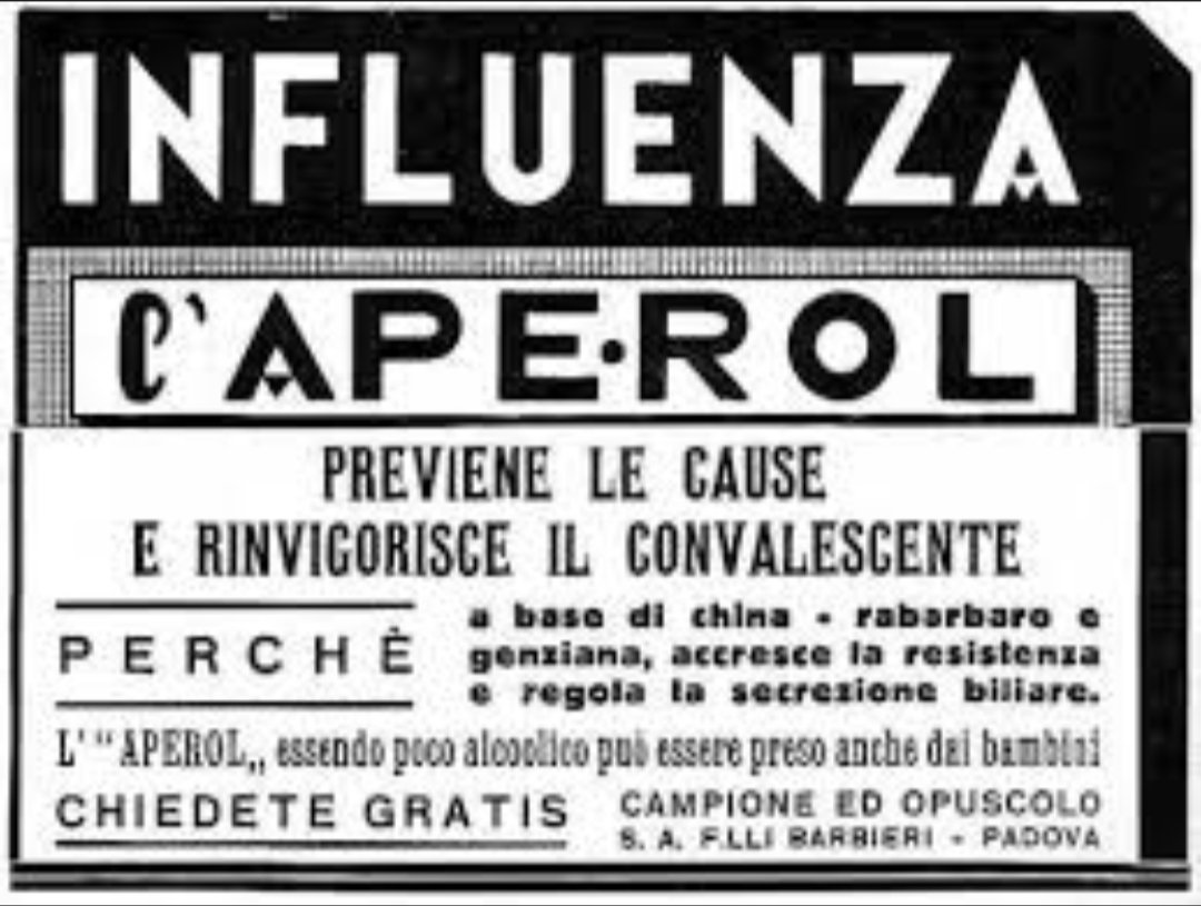 Rotelli_MD's tweet photo. Giusto per ricordarvi che nell’Italia di 60-70 anni fa esistevano pubblicità che decantavano le proprietà terapeutiche dell’Aperol in caso di influenza. E pensate, avendo una gradazione alcolica tutto sommato bassa, veniva consigliato anche ai bambini. https://t.co/DOybwkURSj