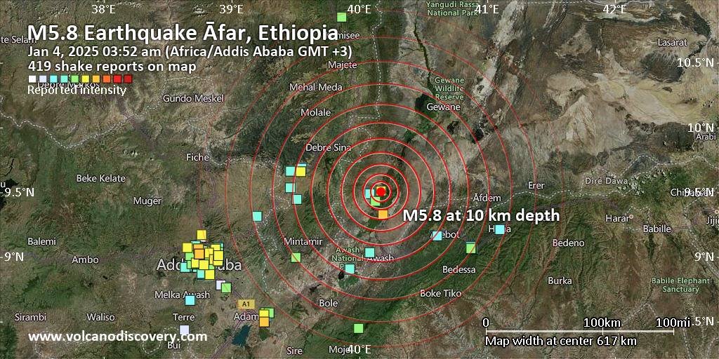 soundarc2001's tweet image. Strong mag. 5.8 Earthquake - 56 km SSE of Abomsa, Ethiopia, on Saturday, Jan 4, 2025, at 03:52 am (Addis Ababa time)

#Earthquake #Ethiopia #Abomsa #Āwash #Āfar #Abomsa #DebreSīna #DebreBirhan #Metehara #Gelemso #ĀsbeTeferī
