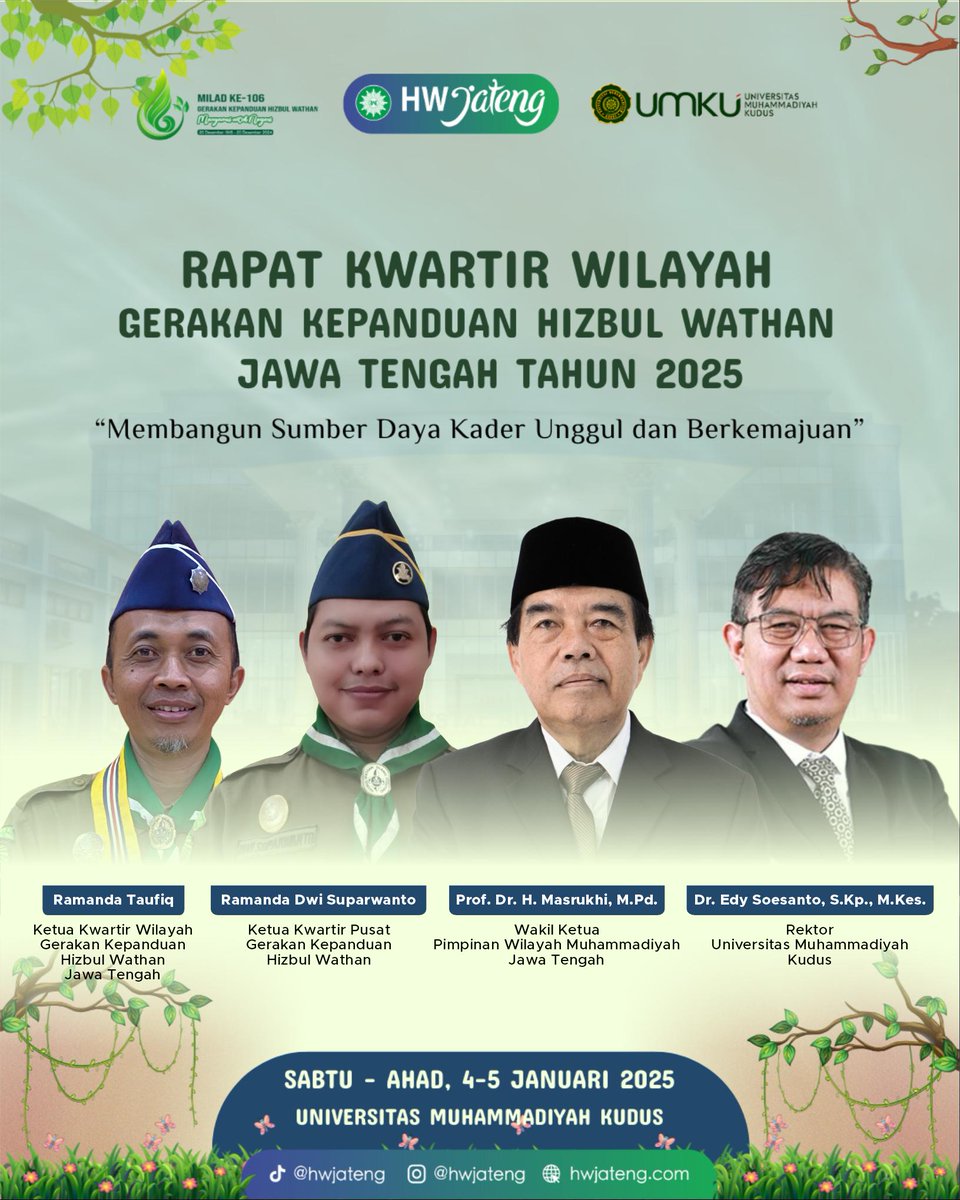 Ketua Kwartir Pusat Hizbul Wathan (HW), Ramanda Dwi Suparwanto akan hadir di Rapat Kwartir Wilayah HW Jawa Tengah di Universitas Muhammadiyah Kudus <a href="/klik_umku/">Universitas Muhammadiyah Kudus</a> 

Semoga HW Muhammadiyah terus berkembang pesat
Salam HW Yes!