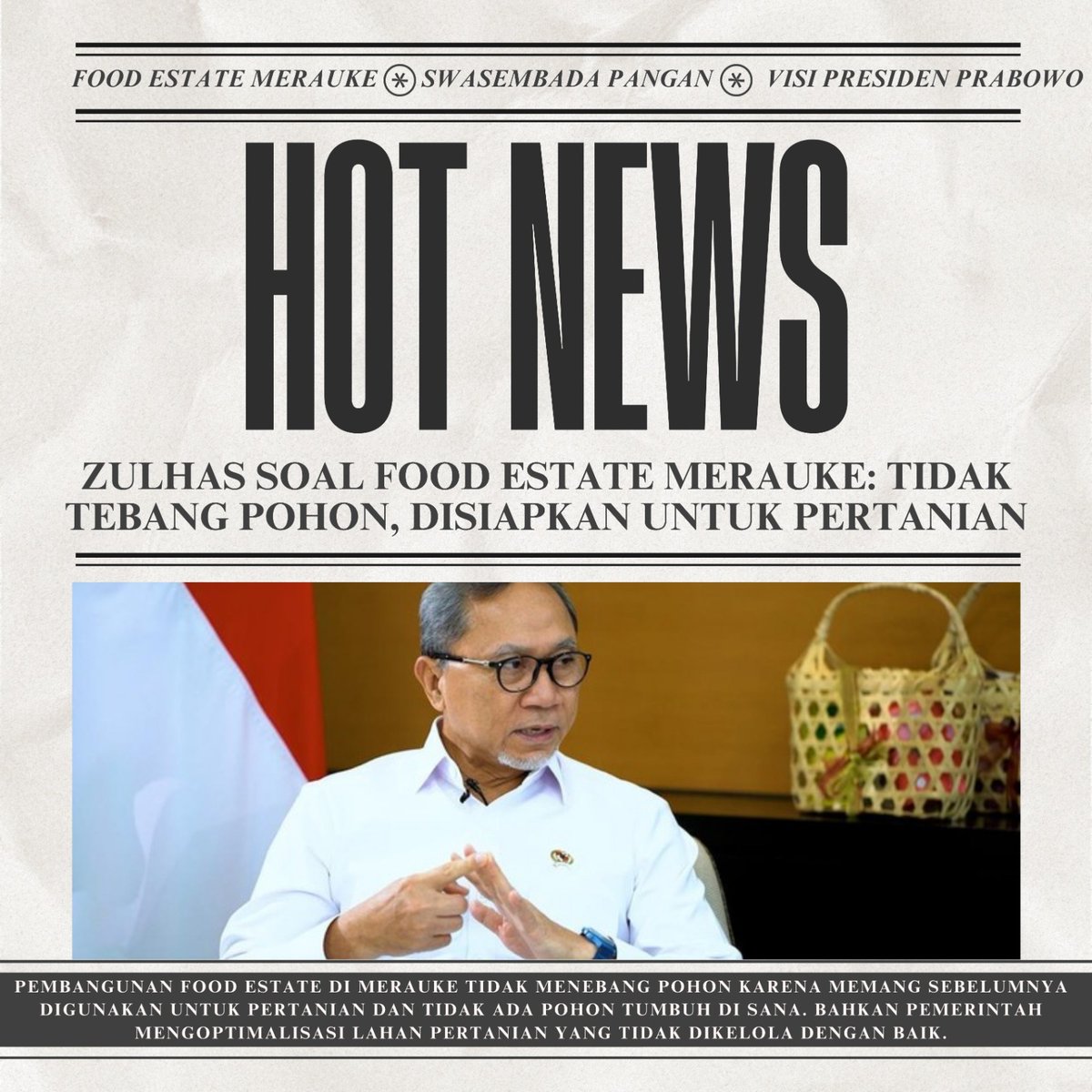Food Estate di Merauke membawa harapan baru dalam sektor pangan, dengan tetap memperhatikan kelestarian lingkungan dan tidak melakukan penebangan pohon.
#VisiPresidenPrabowo
#FoodEstateMerauke
#SwasembadaPangan
#KetahananPangan
#IndonesiaTanpaImporPangan