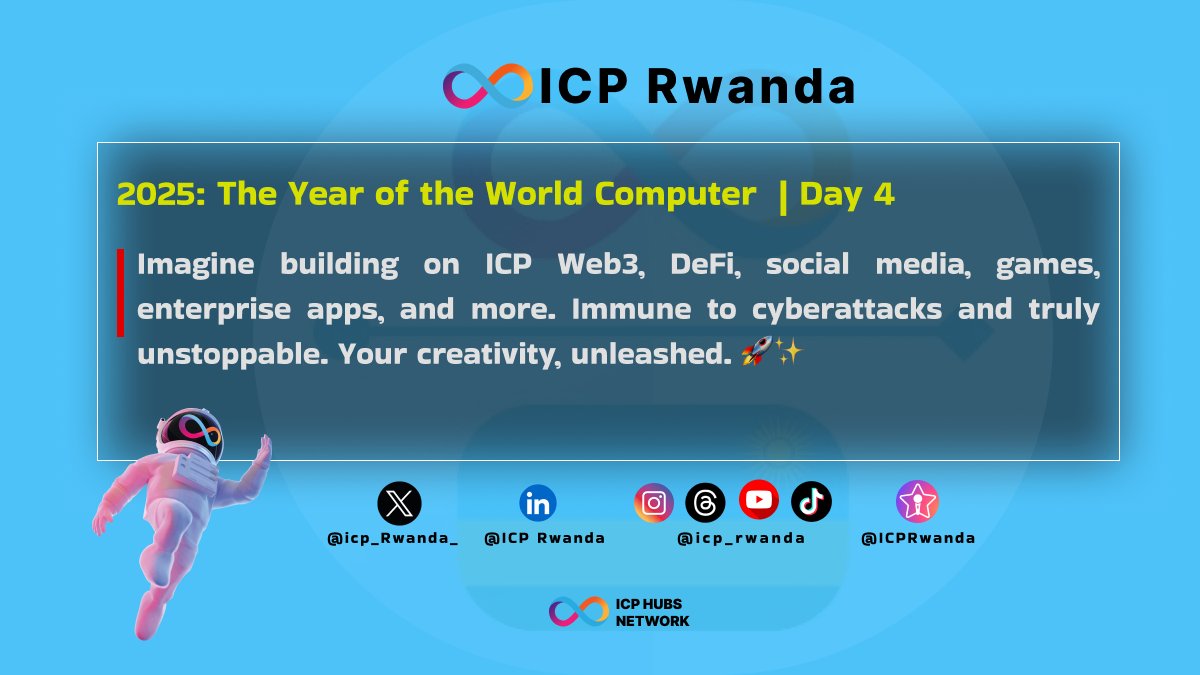 🚀 𝟮𝟬𝟮𝟱: 𝗧𝗵𝗲 𝗬𝗲𝗮𝗿 𝗼𝗳 𝘁𝗵𝗲 𝗪𝗼𝗿𝗹𝗱 𝗖𝗼𝗺𝗽𝘂𝘁𝗲𝗿 ♾️
️
𝗗𝗮𝘆 𝟰/𝟯𝟲𝟱: Fuel the Unstoppable! Build on ICP to create Web3, DeFi, social media, games, and enterprise apps that are limitless, secure, and immune to cyber threats. The future is unstoppable.