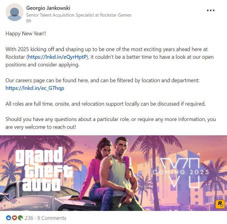 GTAES_'s tweet photo. ¡Rockstar Games sigue confiando en el lanzamiento de GTA VI en 2025!

Georgio Jankowski, especialista sénior en adquisición de talentos de Rockstar Games, compartió en LinkedIn que "2025 será uno de los años más emocionantes que se avecinan para Rockstar Games". #GTA6 #GTAVI https://t.co/v9EdI1ZcGv
