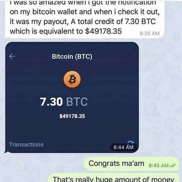 Invest in bitcoin today
More investment coming up
Still doubting about bitcoin investment
Just send a message for more info on how to get started ASAP