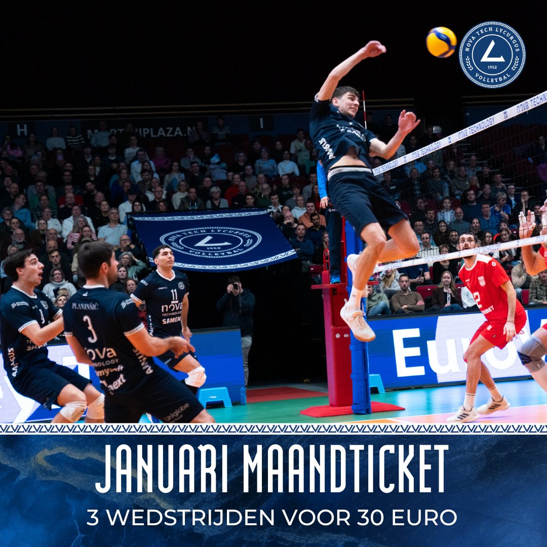 🏐 Drie topwedstrijden voor €30! 🏐  

📅 15 jan, 19:30: Europese kwartfinale vs Italiaanse topclub  
📅 19 jan, 15:00: Lycurgus vs Numidia Limax  
📅 22 jan, 19:30: Lycurgus vs Sliedrecht Sport  

👉 Mis het niet! Tickets via: shop.ticketing.cm.com/nova-tech-lycu…