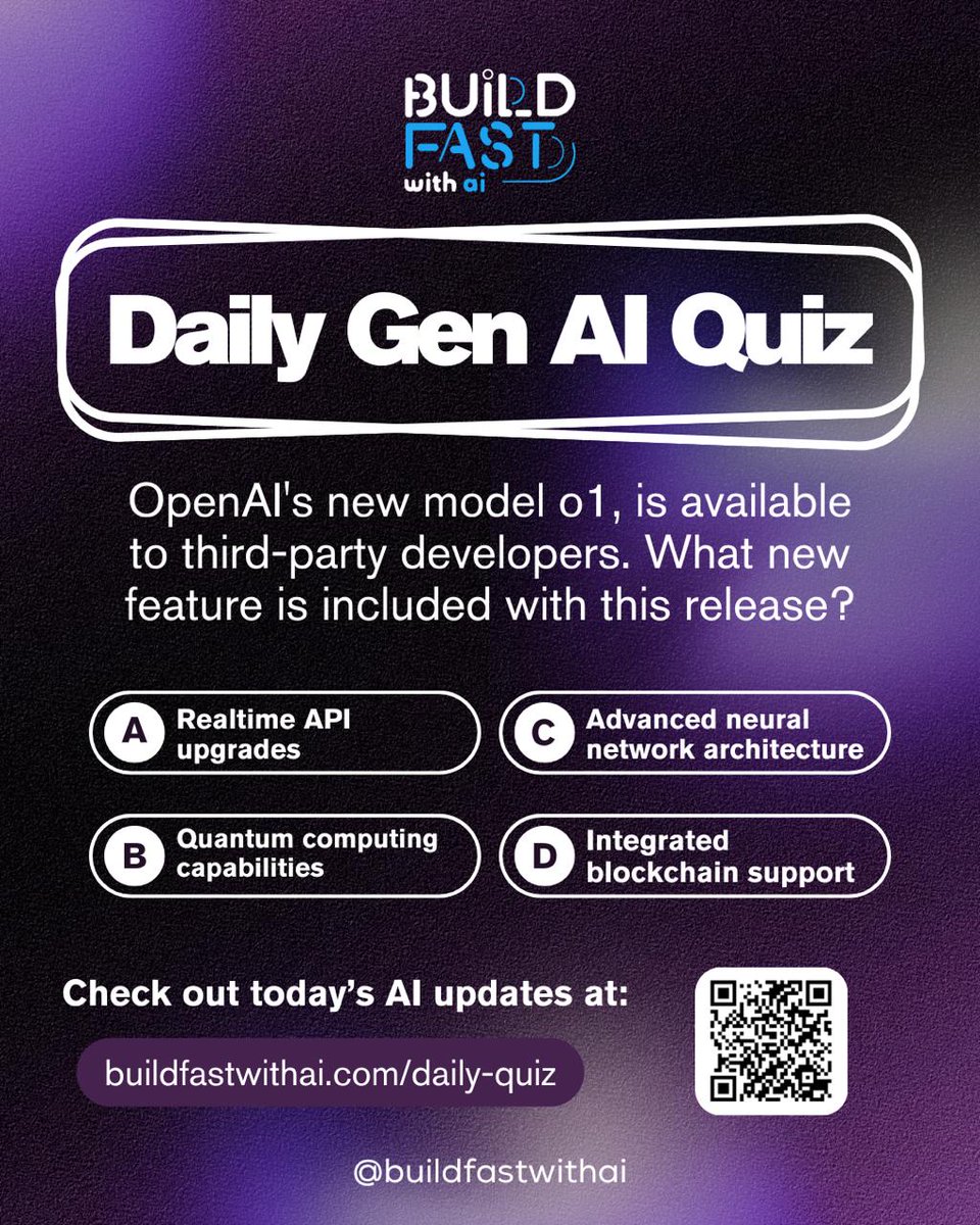 BuildFastWithAI's tweet image. &quot;OpenAI&apos;s new o1 model is now open to developers! 🚀

Test your knowledge and explore what&apos;s new with our Daily AI Quiz:
👉 buildfastwithai.com/daily-quiz

Stay ahead in the AI game! 💡 

#AI #OpenAI #BuildFastWithAI  #dailyquiz #aiquiz #openaio3