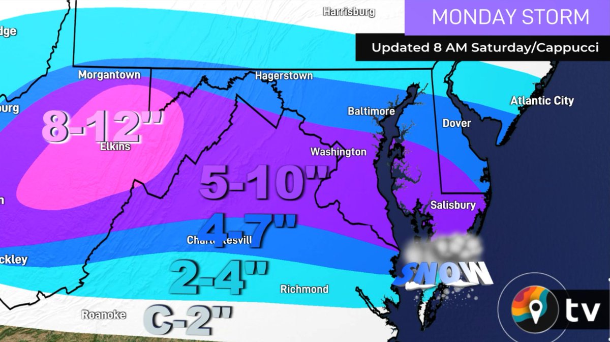 HERE WE GO! Snowstorm time for the DMV. Here's my latest thinking.

Snow begins Sunday night. It thumps during the morning, may briefly mix with sleet or freezing rain south of town, then becomes all snow again for everyone Monday evening with a surge of cold air on the back.