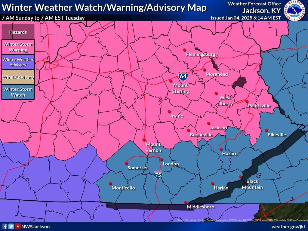 UPDATE: 1/4/25 8:00 am 

Current Watch/Warning/Advisory map for eastern Kentucky. The corridor roughly north of KY-80 has been upgraded to a Winter Storm Warning, where there is sufficient confidence of significant impacts occurring due to the winter storm. 

Please Prepare
