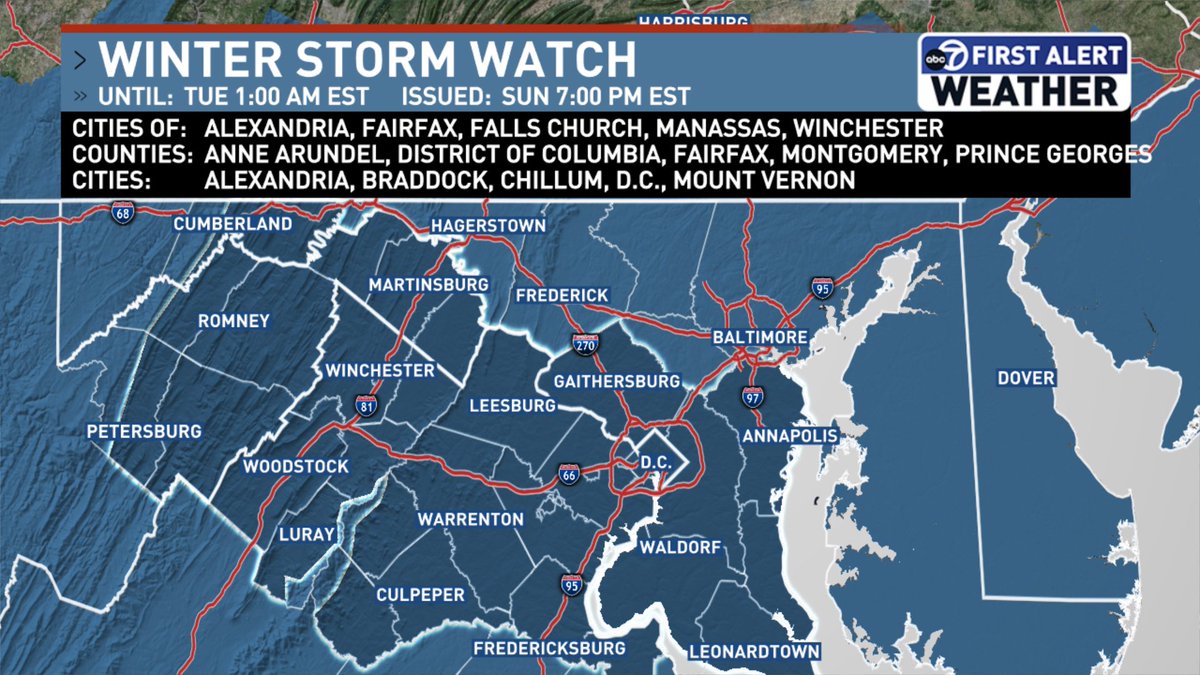 Winter Storm Watch is in place for Monday’s winter storm in the DMV.

Expect 4-8” with locally higher amounts across the area. The latest on <a href="/7NewsDC/">7News DC</a>