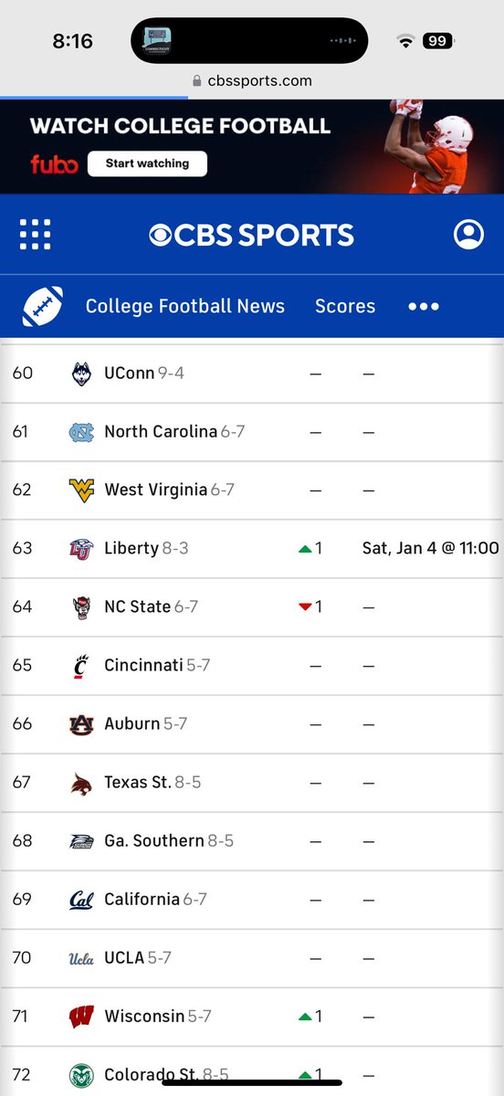 CalhounColonel's tweet image. Checking in on (somewhat) final CBS CFB rankings and the Huskies have climbed up to 60 ahead of these randomly selected teams:

West Virginia 
Cincinnati 
ECU
USF
Houston
UCF
Temple
