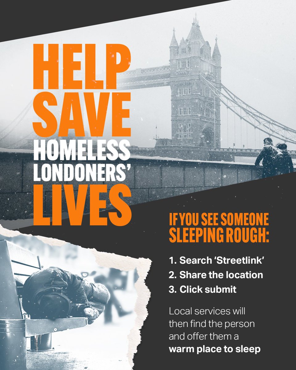 Sadiq Khan (@sadiqkhan) on Twitter photo Please share: temperatures have dropped - and in addition to regular services, emergency shelters are open across London so anyone sleeping rough has a warm and safe place to stay.
If you see someone sleeping rough who needs help - contact <a href="/StreetLink_/">StreetLink</a> ā¬ļø Please share: temperatures have dropped - and in addition to regular services, emergency shelters are open across London so anyone sleeping rough has a warm and safe place to stay.
If you see someone sleeping rough who needs help - contact <a href="/StreetLink_/">StreetLink</a> ā¬ļø