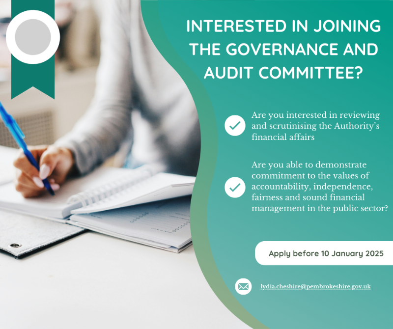 PembrokeshireCC (@pembrokeshire) on Twitter photo Pembrokeshire County Council is looking for a citizen to sit as a Lay Person of its Governance & Audit Committee.
The closing date for applications is 10 January 2025.
Please contact
Lydia Cheshire (tel: 01437 775356) or e-mail: lydia.cheshire@pembrokeshire.gov.uk Pembrokeshire County Council is looking for a citizen to sit as a Lay Person of its Governance & Audit Committee.
The closing date for applications is 10 January 2025.
Please contact
Lydia Cheshire (tel: 01437 775356) or e-mail: lydia.cheshire@pembrokeshire.gov.uk