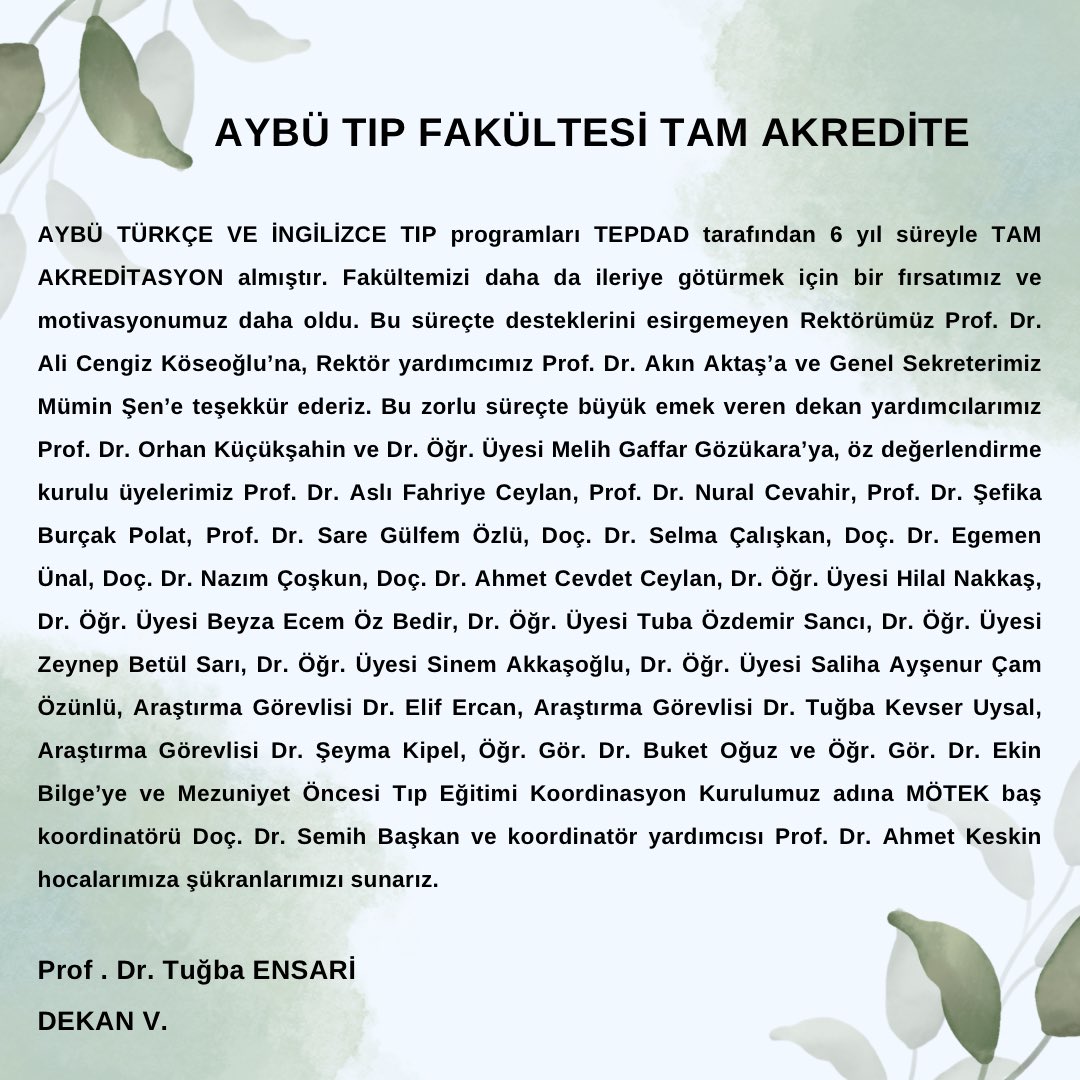 AYBÜ TIP FAKÜLTESİ TAM AKREDİTE 💫

AYBÜ TÜRKÇE VE İNGİLİZCE TIP programları TEPDAD tarafından 6 yıl süreyle TAM AKREDİTASYON almıştır. 
<a href="/acengizkoseoglu/">Ali Cengiz Köseoğlu</a> <a href="/ybuankara/">Ankara Yıldırım Beyazıt Üniversitesi</a>