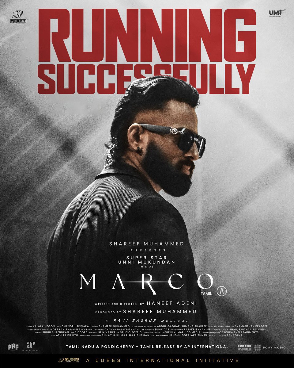 Unni Mukundan (@iamunnimukundan) on Twitter photo #Marco's relentless fight captivates Tamil Nadu! Now running successfully in theatres! Witness the unstoppable force today! 🎬⚔️
<a href="/Iamunnimukundan/">Unni Mukundan</a> #CubesEntertainments #ShareefMuhammed <a href="/haneef_adeni/">Haneef Adeni</a> @kabirduhansingh <a href="/RaviBasrur/">Ravi Basrur</a> @ChandruSelvaraj <a href="/realyukti/">Yukti Thareja</a> @umfpvtltd <a href="/PharsFilm/">Phars Film Co LLC</a> #Marco's relentless fight captivates Tamil Nadu! Now running successfully in theatres! Witness the unstoppable force today! 🎬⚔️
<a href="/Iamunnimukundan/">Unni Mukundan</a> #CubesEntertainments #ShareefMuhammed <a href="/haneef_adeni/">Haneef Adeni</a> @kabirduhansingh <a href="/RaviBasrur/">Ravi Basrur</a> @ChandruSelvaraj <a href="/realyukti/">Yukti Thareja</a> @umfpvtltd <a href="/PharsFilm/">Phars Film Co LLC</a>