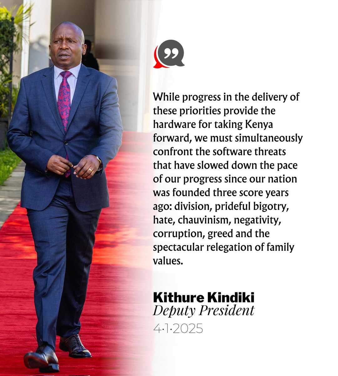 lawrencekitema's tweet photo. Deputy President Prof. Kithure Kindiki has emphasized that the final weekend of the festive season is a pivotal moment to prepare for a transformative year ahead in implementing The Plan, 2022-2027.

The Government's top five priorities for 2025 include sustaining macroeconomic stability, creating jobs and income opportunities, boosting household incomes, transforming critical value chains, and completing strategic infrastructure projects.

While progress in these areas provides the foundation for national growth, Prof. Kindiki has urged Kenyans to address the societal challenges that have hindered progress since independence—division, bigotry, corruption, and the erosion of family values. 

By uniting against these threats, the nation can secure a brighter, more inclusive future.