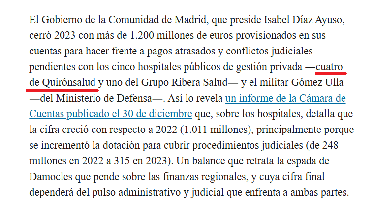 La noticia de EL PAÍS es de hoy

¿Sabíais que en 2020, mientras AYUSO pagaba a QUIRÓN 800 millones con opacidad y saltándose los procedimientos, su novio le daba una Comisión de medio millón a un directivo de QUIRÓN que era consejero de la empresa que le había soltado 2 Kilos?