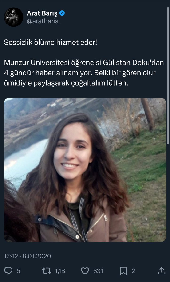aratbaris_'s tweet photo. Bu twitin üzerinden 5 yıl geçti. Tam 5 yıldır Munzur Üniversitesi öğrencisi Gülistan Doku'dan haber alınamıyor! 

Bu çok acı…

#GülistanDokuNerede
#Gülistan5YıldırKayıp https://t.co/3GKSxsFts2