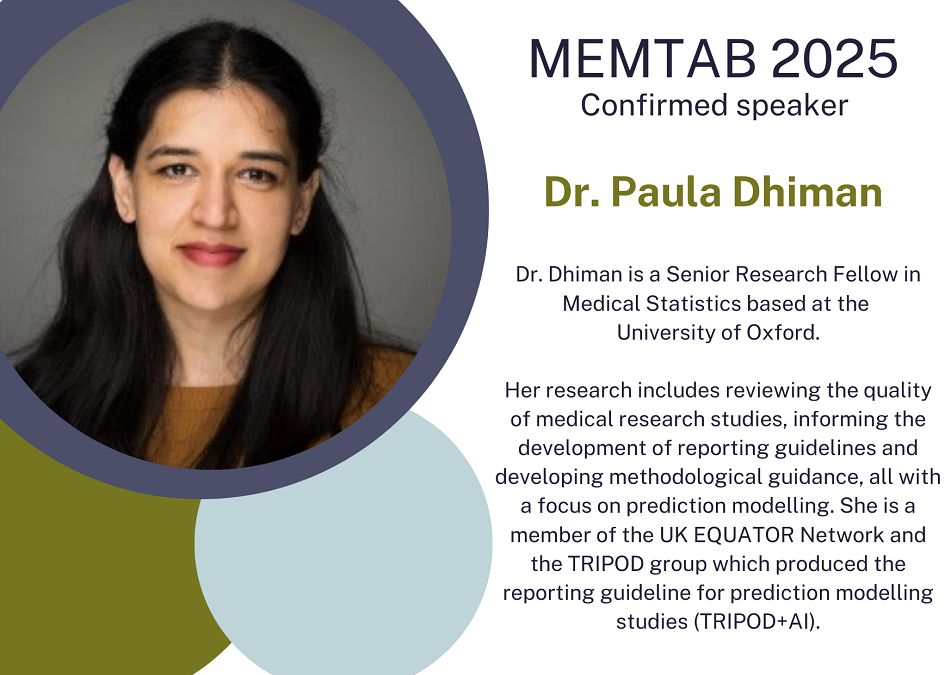 MEMTAB conference 2025 (@memtab_conf) on Twitter photo Meet our next #MEMTAB2025 speaker: Dr Paula Dhiman!
Senior Research Fellow <a href="/CSMOxford/">Centre for Statistics in Medicine Oxford</a>, leading expert in medical statistics & prediction modelling. Chair of QResearch Scientific Committee & <a href="/EQUATORNetwork/">EQUATOR Network</a> member.
Full speaker details: buff.ly/4gTUtGJ Meet our next #MEMTAB2025 speaker: Dr Paula Dhiman!
Senior Research Fellow <a href="/CSMOxford/">Centre for Statistics in Medicine Oxford</a>, leading expert in medical statistics & prediction modelling. Chair of QResearch Scientific Committee & <a href="/EQUATORNetwork/">EQUATOR Network</a> member.
Full speaker details: buff.ly/4gTUtGJ
