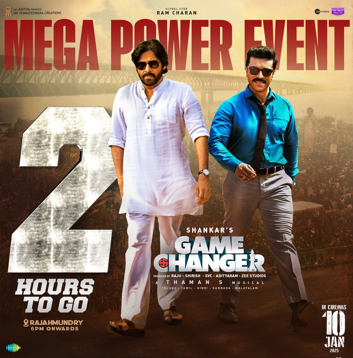 TweetRamCharan's tweet image. 2️⃣ Hours to go 🥁🥁🔥🔥
Rajahmudry Ready for #MegaPowerEvent - The Biggest Pre Release Event !

#GameChanger