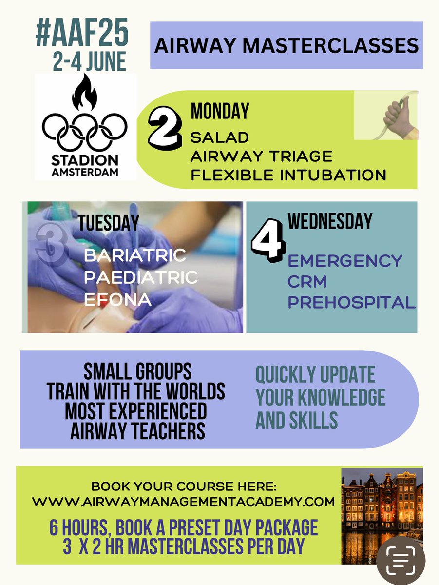 During Amsterdam Airway Festival 2025

A quick airway update. 
Nine masterclasses with the worlds leading airway educators. 

Come for a day or stay and play

2-4 June 2025 at Olympic Stadium Amsterdam

For all airway enthusiasts 

Registration:

airwaymanagementacademy.com/courses/