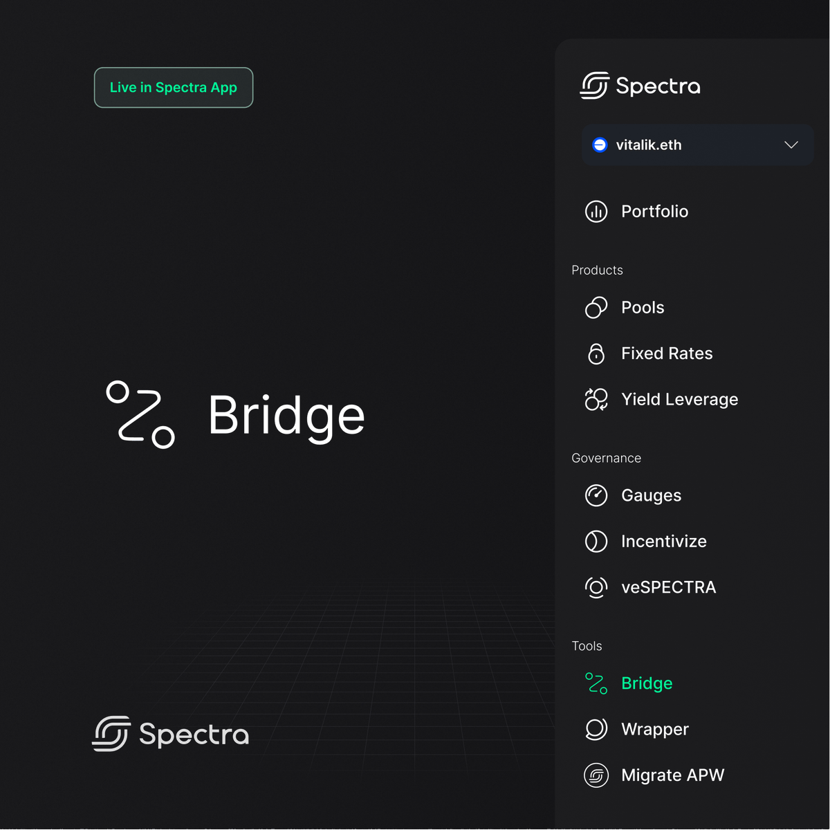 The bridge for SPECTRA is now live in the App!

→ app.spectra.finance/bridge

Move SPECTRA between networks with ease.