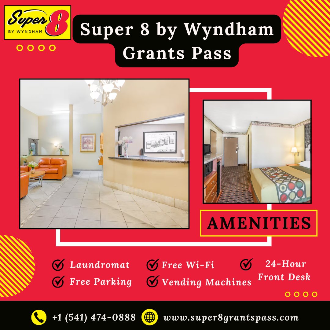 Explore Grants Pass with Super 8! Start your day with free wi-fi and relax by our indoor pool after an adventure. Visit www. super8grantspass.com for more info 
#Super8GrantsPass #OregonHotels #ComfortAndValue