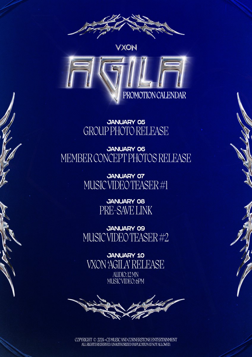 vxonofficial's tweet photo. 'AGILA' PROMOTION CALENDAR 🪽

VXON SINGLE RELEASE | 01.10.25

#VXON #VXON_AGILA #VXON_COMEBACK #PPOP https://t.co/Nj46N1rLE9
