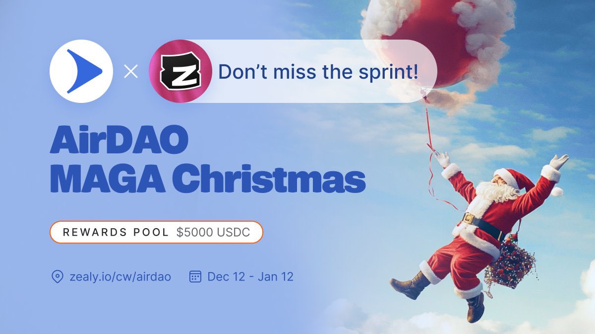 La Noël #AirDAO MAGA bat son plein avec 5 000 USDC de prix. Participez avant le 12 janvier et ne manquez pas la célébration la plus excitante de la saison. 🎄

Inscrivez-vous maintenant : zealy.io/cw/airdao et réclamez votre place en cette période de vacances enrichissante.