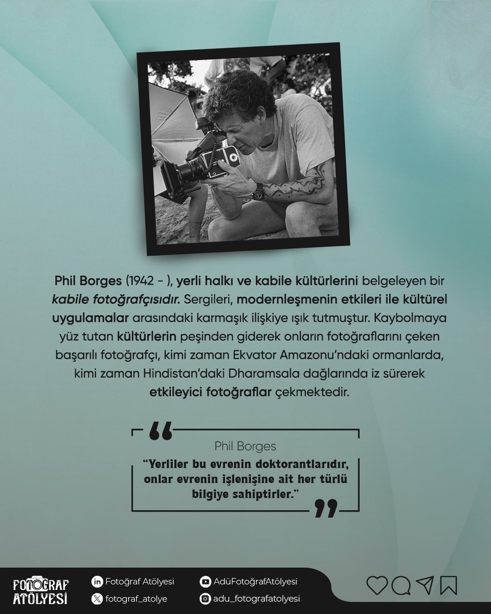 fotograf_atolye's tweet photo. Kadraj dışındaki hikayelerde bugün: Phil Borges’ı tanıyalım.
Fotoğrafçılık dünyanınsessiz kalan seslerine ışık tutarak, kalplerde unutulmaz izler bırakır.
.
.
.
#fotograf #adü #kesfet #fotografçılık #vcd #sanat #philborges https://t.co/bC5fv7MkV4