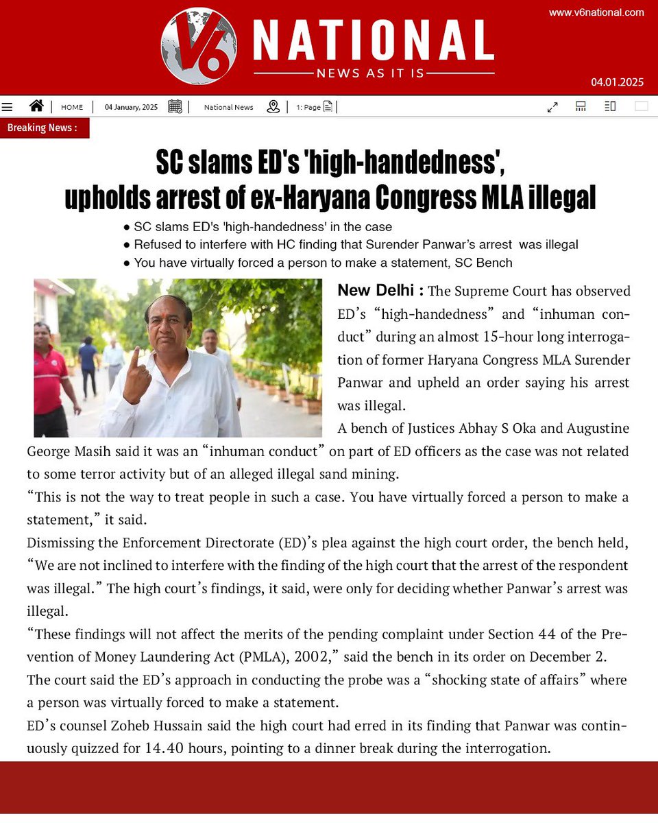 V6National's tweet image. The Supreme Court has observed ED’s “high-handedness” and “inhuman conduct” during an almost 15-hour long interrogation of former Haryana Congress MLA Surender Panwar and upheld an order saying his arrest was illegal. #supremecourt #haryanacongress #surenderpanwar #ed