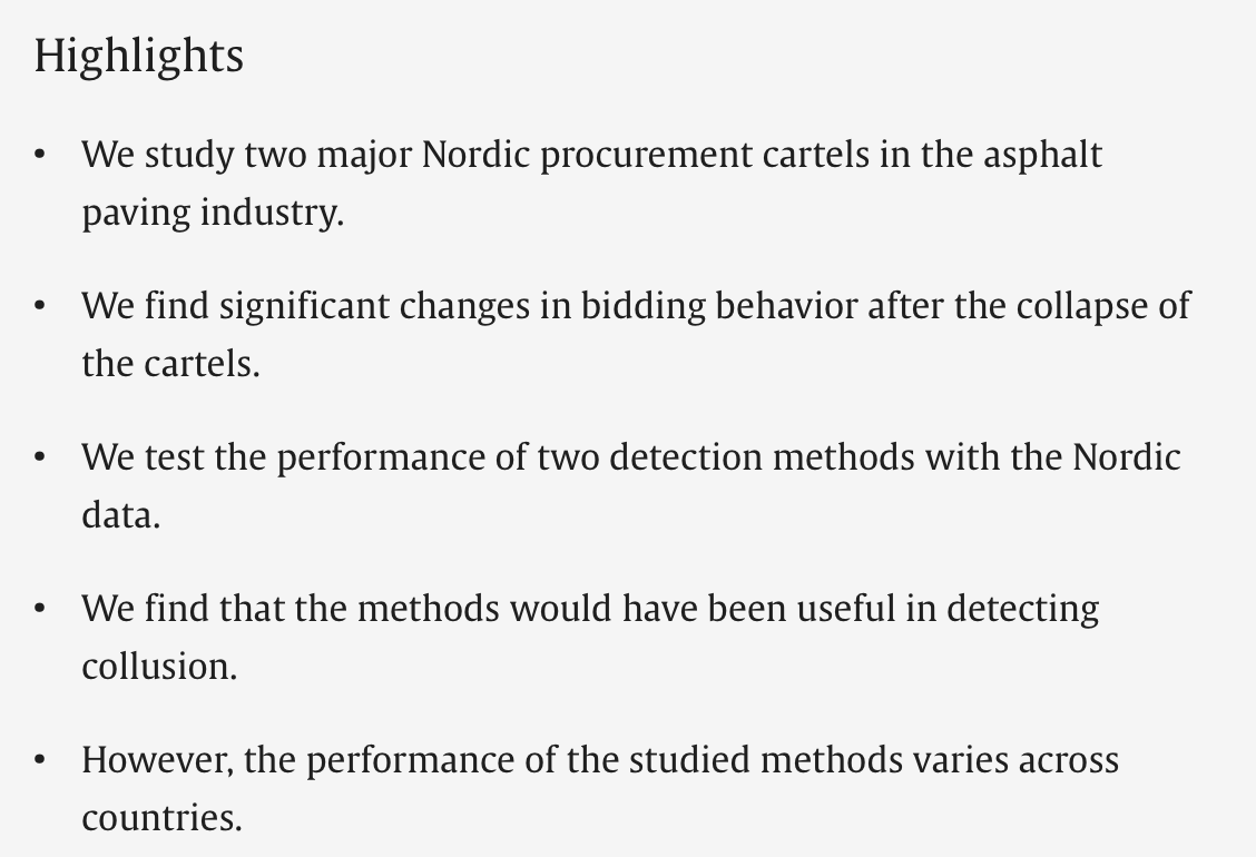 EARIE-News (@earie_news) on Twitter photo Forthcoming IJIO article by Aapo Aaltio, <a href="/RikuBuri1/">Riku Buri</a> <a href="/AnttoJokelainen/">Antto Jokelainen</a> & Johan Lundberg <a href="/umeauniversity/">Umeå University</a> "Complementary bidding and cartel detection: Evidence from Nordic asphalt markets" doi.org/10.1016/j.ijin…
<a href="/sciencedirect/">Elsevier | ScienceDirect</a> Forthcoming IJIO article by Aapo Aaltio, <a href="/RikuBuri1/">Riku Buri</a> <a href="/AnttoJokelainen/">Antto Jokelainen</a> & Johan Lundberg <a href="/umeauniversity/">Umeå University</a> "Complementary bidding and cartel detection: Evidence from Nordic asphalt markets" doi.org/10.1016/j.ijin…
<a href="/sciencedirect/">Elsevier | ScienceDirect</a>