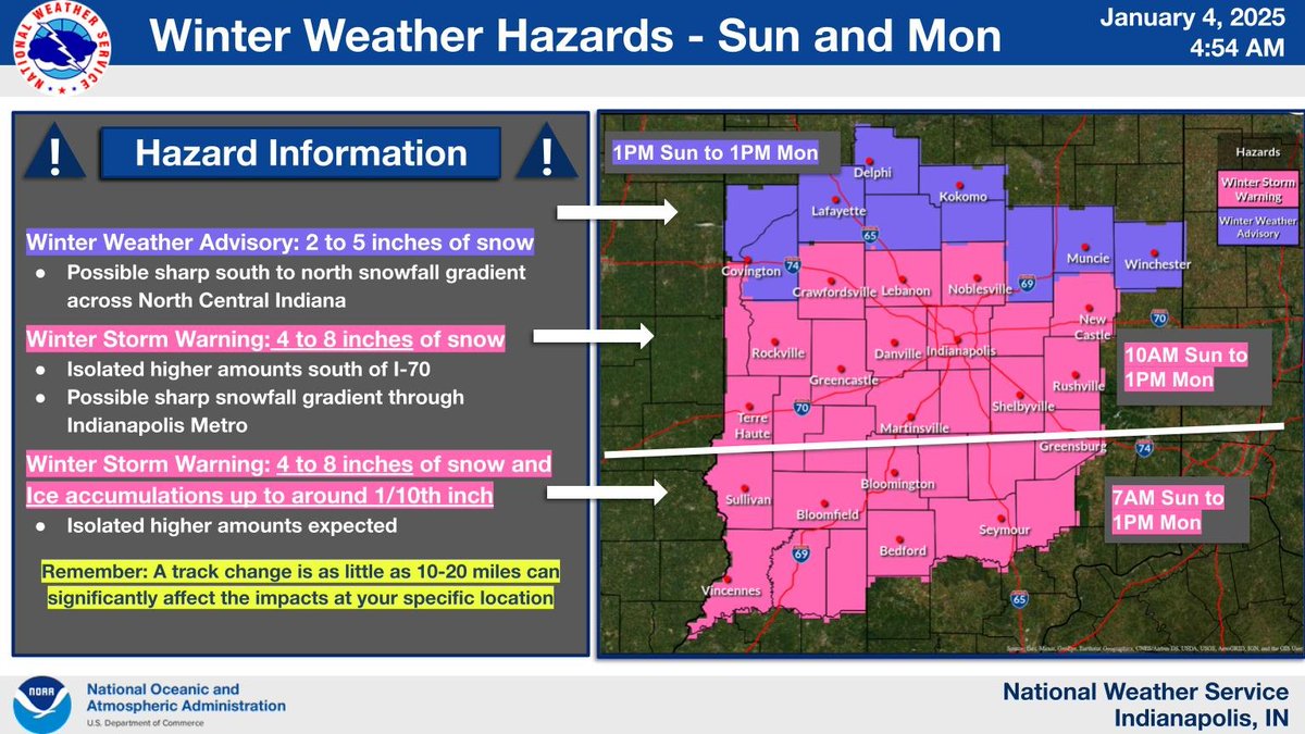 A Winter Storm Warning is now in effect Sunday into Monday across much of central IN with widespread 4-8 inches of snow expected and locally higher amounts possible. A Winter Weather Advisory is in effect for north-central IN where 2-5 inches of accumulation is possible. #inwx