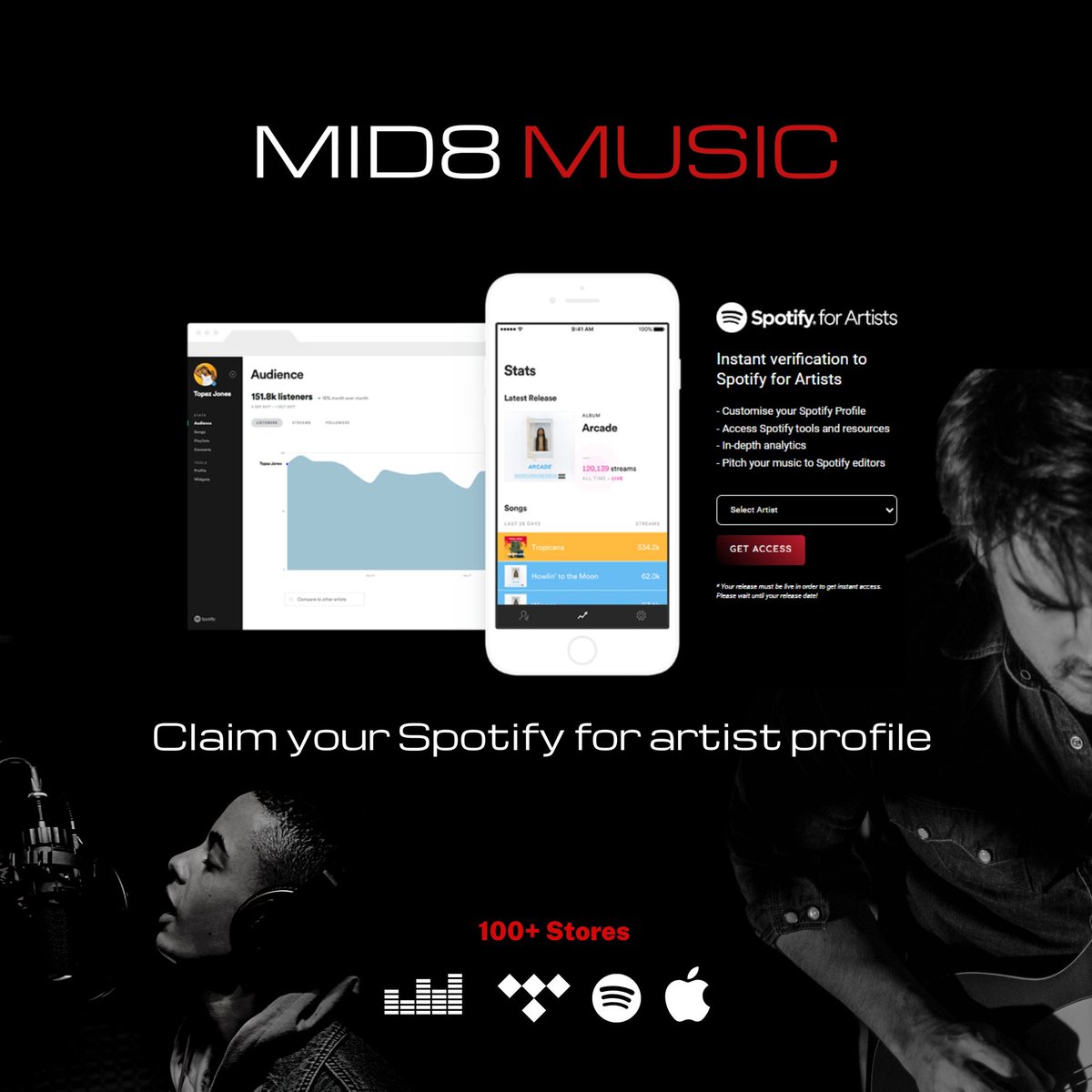Get Verified on Spotify with Mid8 Music!

We’re excited to announce that Mid8 Music can now help you get verified on Spotify for Artists! 🚀 Manage your profile, access analytics, and make your music stand out.

Join Mid8 today and take your career to the next level.