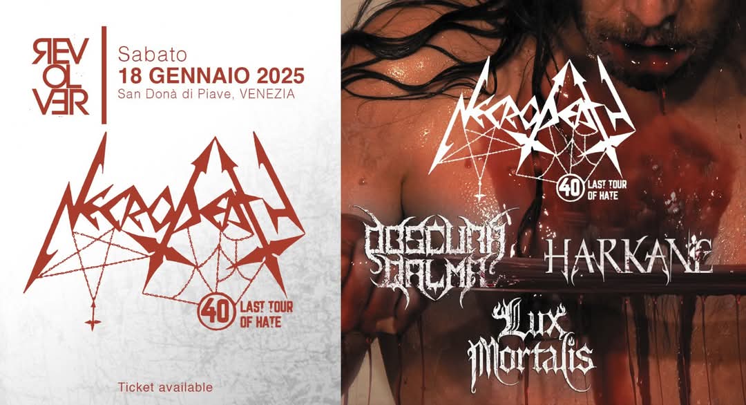 Prima data del Last Tour of Hate.
Sabato 18/01/2025 Revolver Club, San Donà di Piave (VE).
Link Facebook dell'evento:
facebook.com/events/s/necro…

#necrodeath #official #thrashblackmetal #italianthrashblackmetal #since85 #touraddio #peso #flegias #pier #gl
