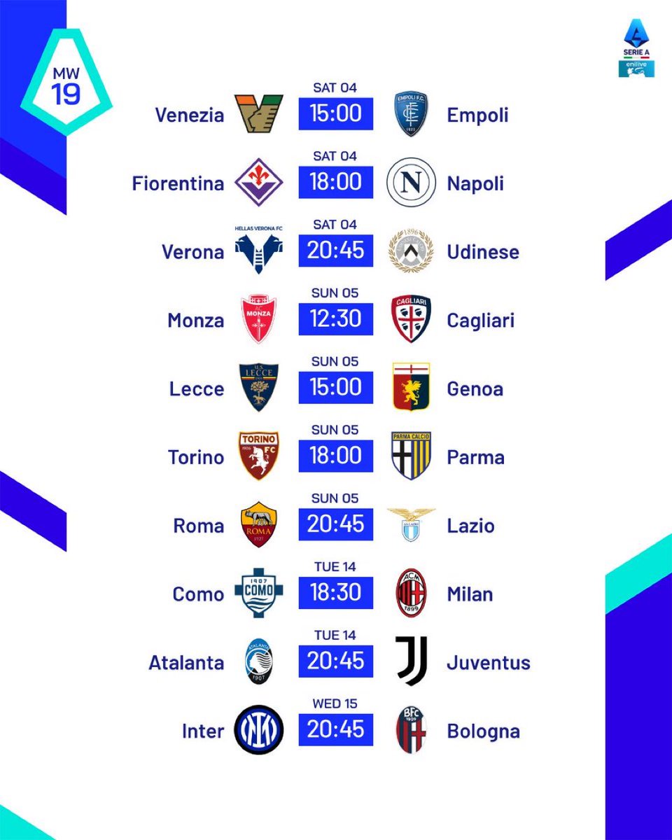Le programme complet de la 19ème journée de #SerieA

Gros test pour le #Napoli contre la #Fiorentina alors que le Derby entre #Roma et #Lazio sera le match clou du week-end en attendant les rencontres des équipes qui disputent la Supercoppa.