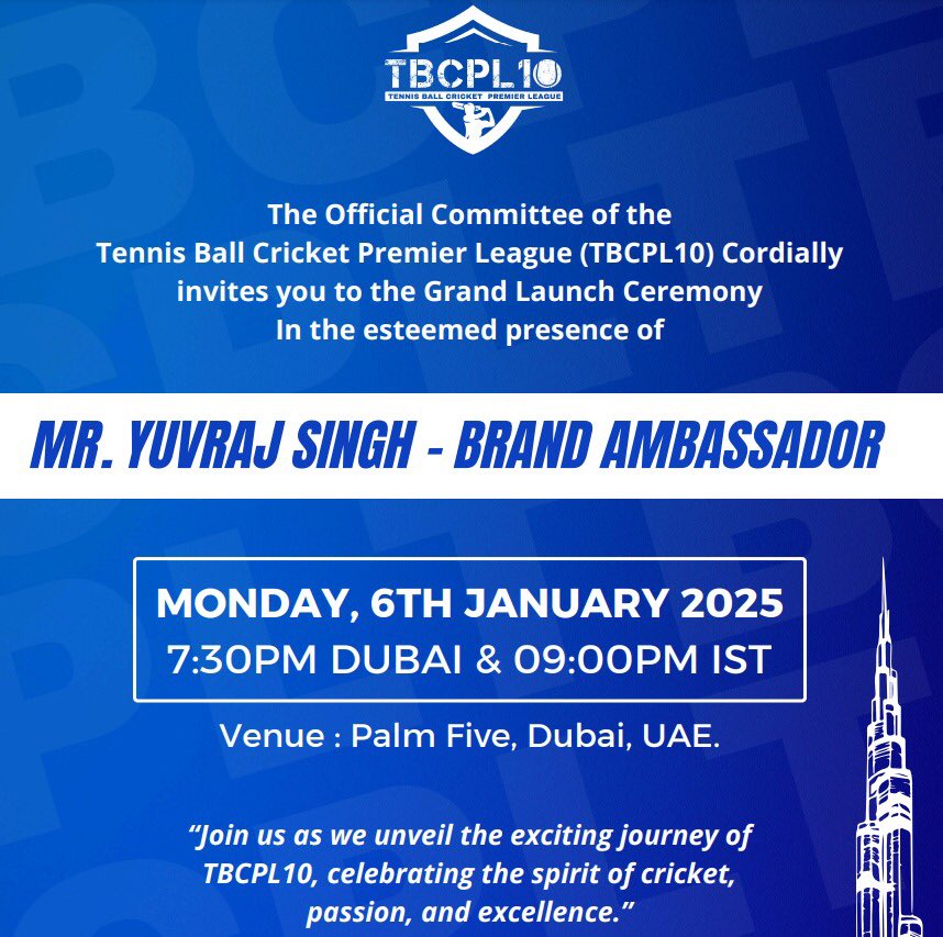 hashMedia_Point's tweet photo. 🏏 Exciting News from #MediaPoint! 🌟
eGrand Launch Ceremony of the Tennis Ball Cricket Premier League (TBCPL10)! 🎉

📅 Date: Monday, 6th January 2025
⏰ Time: 7:30 PM (Dubai) | 9:00 PM (IST)
📍 Venue: Palm Five, Dubai, UAE

#TBCPL10 #YuvrajSingh #CricketLaunch #MediaPoint https://t.co/bxBtJhfml5