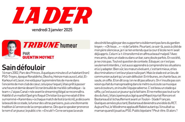 Bienvenue en 2025 ! 
Le journal <a href="/lequipe/">L'Équipe</a> offre une tribune à <a href="/QuentinMoynet/">Quentin Moynet</a> pour qui les insultes homophobes auraient légitimement leur place dans un stade, lieu d’un « sain défouloir ». Plainte sera déposée !