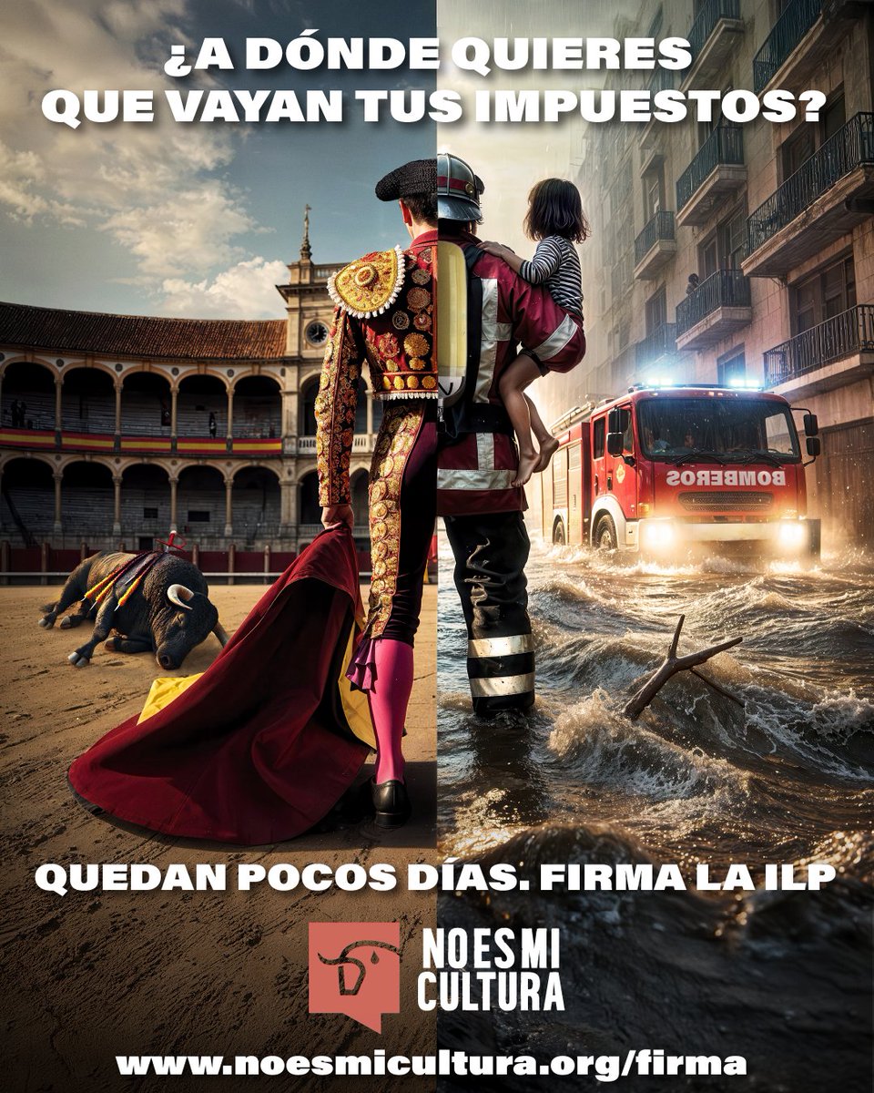 🗡¿A DÓNDE QUIERES QUE VAYAN TUS IMPUESTOS?👨‍🚒

Firma la ILP #NoEsMiCultura y acabemos con la protección de la tauromaquia como patrimonio cultural.

📢 ¡Estamos en la recta final para lograr las 500.000 firmas válidas!

Firma y comparte: Noesmicultura.org/firma
