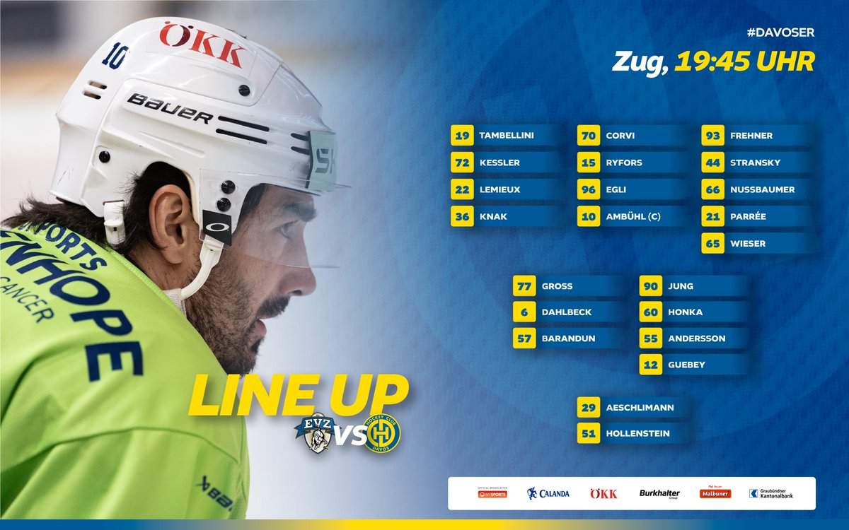 HCD_offiziell's tweet photo. 📋 Ünsches 𝗟𝗶𝗻𝗲 𝗨𝗽 heute gegen Zug! Es fehlen: #18Zadina, #20Fora und #42Nordström (verletzt); #8Gredig (abwesend).
#Davoser | #HCD | #EVZHCD https://t.co/fhhL0iAKss