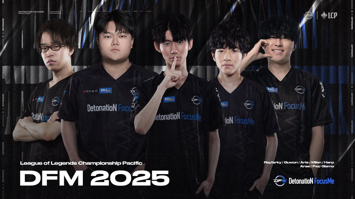 team_detonation's tweet photo. ◤ DFM 2025 LCP Roster ◢

--------------------------------
TOP: @rayfarky
JG: @Gu_Guwon
MID: @LoLAria00
BOT: @MilanAxi
SUP: @JiYoong_Harp

Coach: @mkmk_95 &amp; @Pazloll
Analyst: @HakabaOMW
--------------------------------

#DFMWIN #DFM_LoL #LoLPacific https://t.co/1recET9Pmw