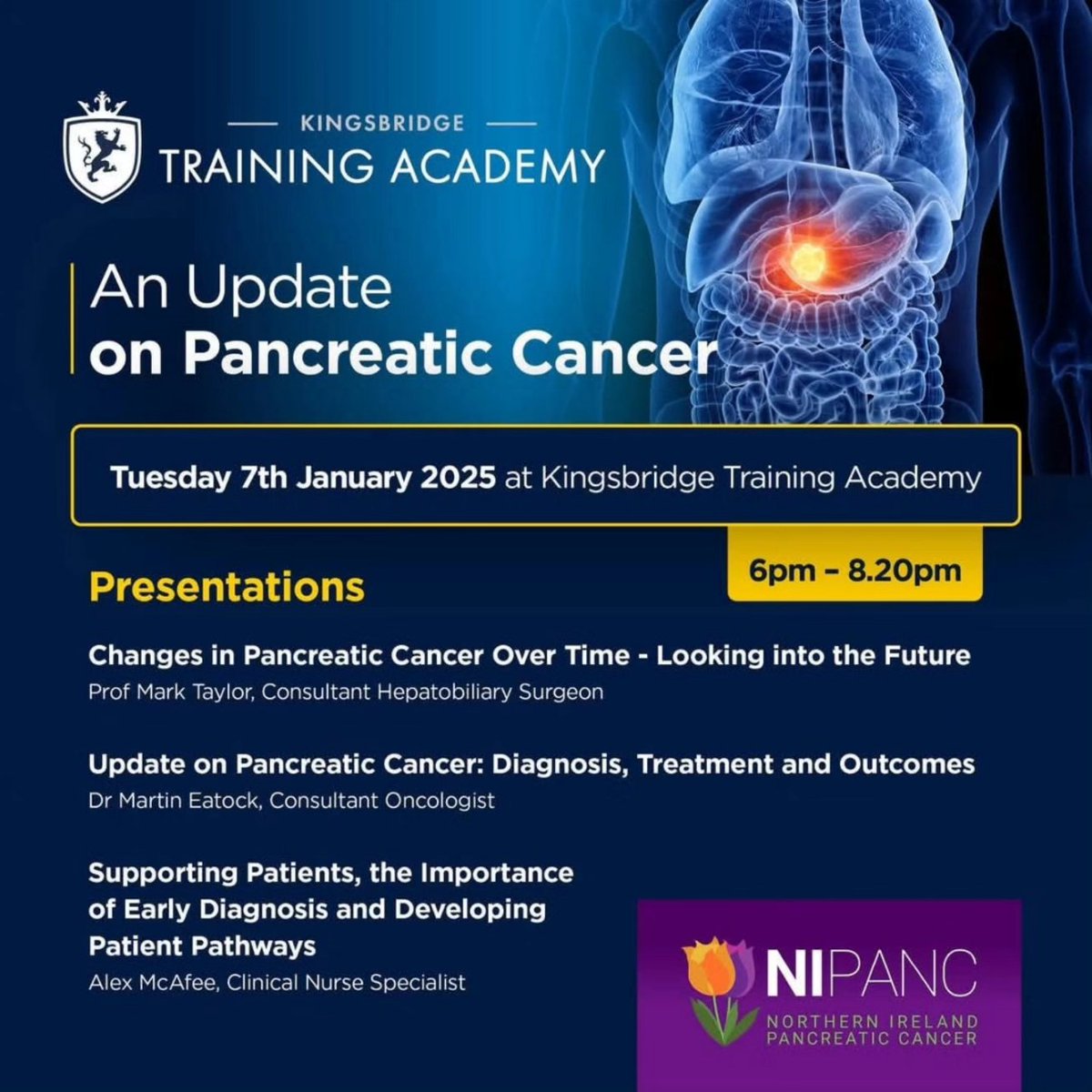 Remember our FREE CPD Education Evening with <a href="/kingsbridgehosp/">Kingsbridge Private Hospital</a> on Tuesday Jan 7th! Join us for expert talks on Pancreatic Cancer; diagnosis, treatment, &amp; patient care. Secure your spot now! 🔗 kingsbridgetrainingacademy.com