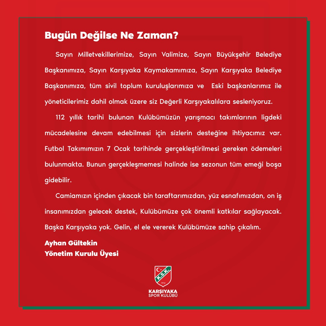 Şimdi Sahip Çıkma Zamanı! 💚❤️

Bağış yapmak için;

Hesap Adı: 1912 Karşıyaka Derneği
TL Hesabı: TR67 0003 2000 0000 0024 2189 36
Dolar Hesabı: TR30 0003 2000 0000 0101 0983 10

"Bağış" açıklamasıyla desteğinizi bekliyoruz.